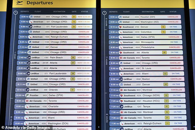 The 'departures' flight information board listed all cancelled and delayed flights