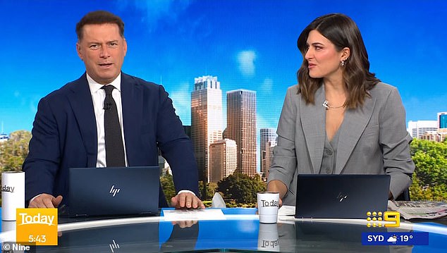 Profits at media giant Nine Entertainment have fallen by almost a third to $134.9 million for the year. Pictured are Nine hosts Karl Stefanovic and Sarah Abo, who were not affected by the job cuts