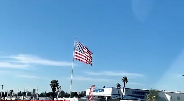 The RV store in Stockton, San Joaquin County, like the vast majority of their other outlets, has a huge Old Glory flying around the lot