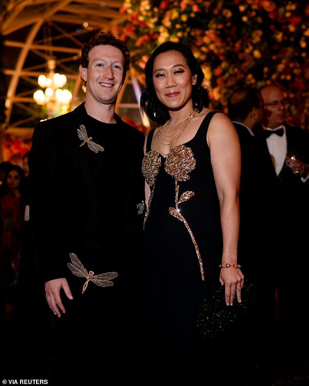 The Zuckerbergs, who married in 2012, are pictured at the wedding of Anant and Murkesh Ambani in India in March 2024