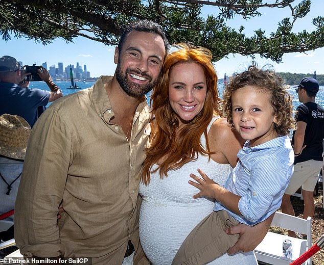 Jules Robinson, 42, shared a sweet photo of her newborn Carter James on Sunday, just a month after welcoming her second child with husband Cameron Merchant, 40. Pictured with their son Oliver, three