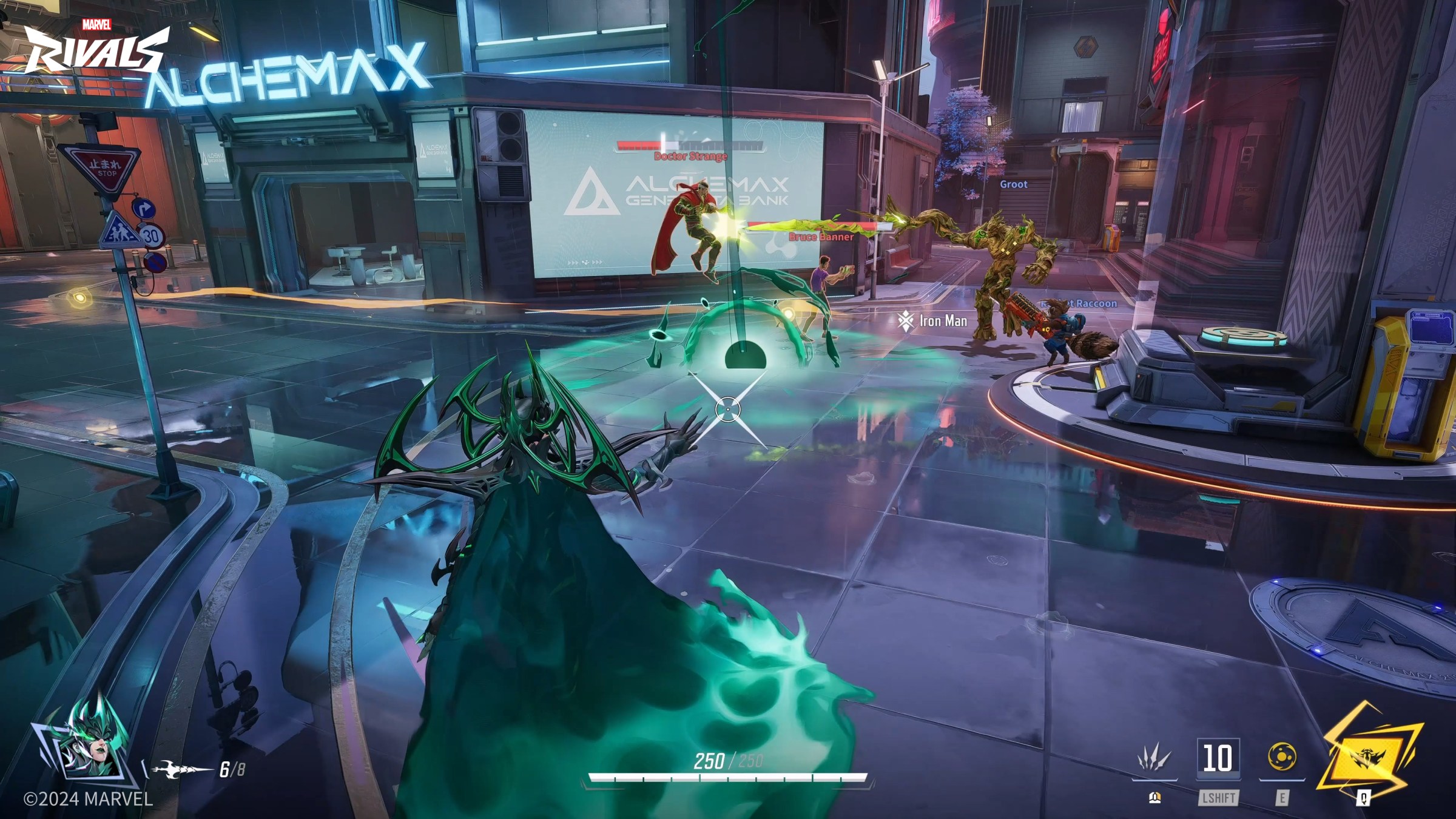 A screenshot from Marvel Rivals shows characters shooting at each other in front of the Alchemax building