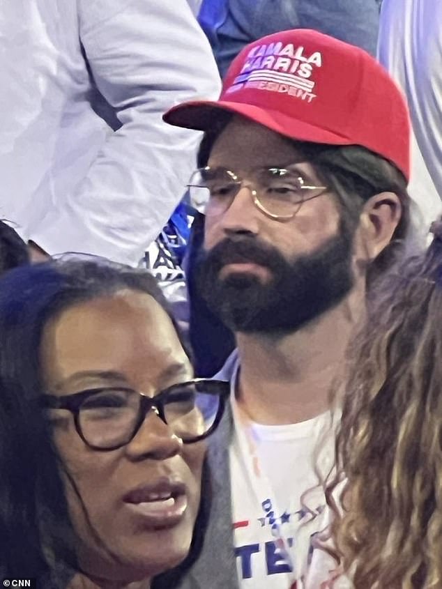 Conservative commentator Matt Walsh disrupted the Democratic National Convention on Tuesday when he was spotted in a 'white dudes for Kamala Harris' disguise