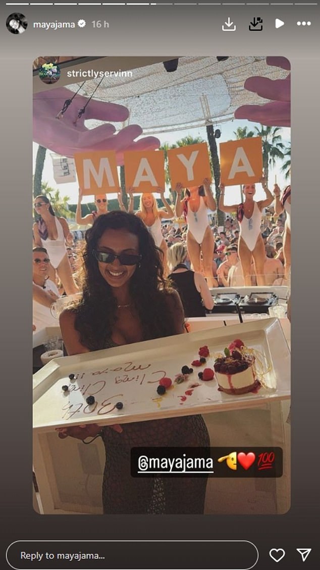 Maya Jama continued her lavish 30th birthday party at O ​​Beach in Ibiza on Saturday