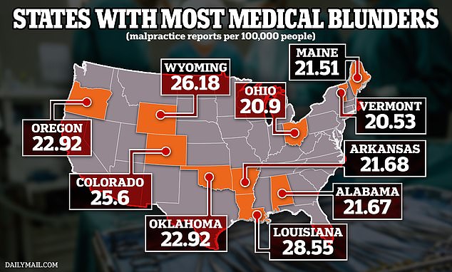 The map above shows the states with the most medical malpractice lawsuits