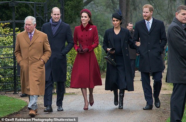 Meghan Markle is pictured arm in arm with her husband Prince Harry in 2018, alongside Prince William, Kate and King Charles (who was prince at the time)