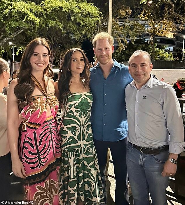 In a separate post, Colombian politician Alejandro Eder, who was on stage with the Sussexes, shared a photo of them with him and his actress wife, Taliana Vargas