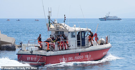 The fire brigade dive team leaves the harbour and heads to the rescue site after announcing that a sixth body has been discovered on the fifth day of a search and recovery operation after the luxury yacht Bayesian sank in a storm on Monday while moored about half a mile off the coast of Porticello, Sicily. The search for the last person missing from the wreck of the yacht continues after five bodies were brought ashore in the small fishing village of Porticello. Date taken: Friday 23 August 2024. PA photo. Technology magnate Mike Lynch, his daughter Hannah, Morgan Stanley International bank chairman Jonathan Bloomer, his wife Judy Bloomer, Clifford Chance lawyer Chris Morvillo and his wife Neda Morvillo went missing when the Bayesian sank at around 5am on Monday. See PA story ACCIDENT Italy. Photo credits should read: Jonathan Brady/PA Wire