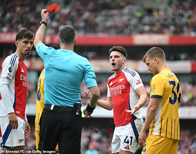 Mikel Arteta has expressed his displeasure at the decision to send off Declan Rice against Brighton