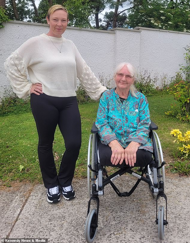 The keen gardener from Bantry Bay, Cork, Ireland, pictured with her 41-year-old daughter Jen Rowley, noticed two red spots on her leg as she got ready for bed but didn't think about the 'mosquito bite'-sized holes