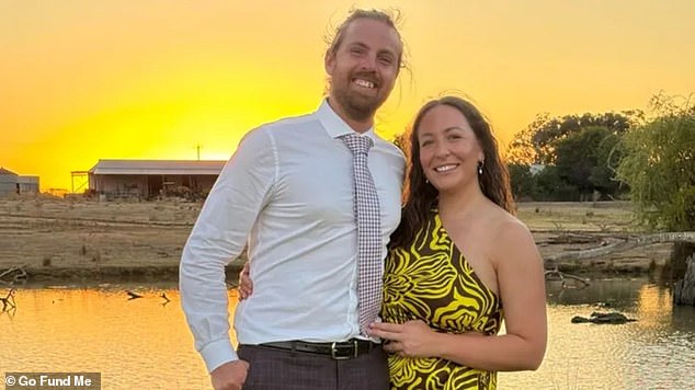 Jordan Theobald, 29, was seriously injured after jumping from Bosnia's iconic Mostar Bridge and plummeting more than 20 metres before landing in the river (Mr Theobald pictured with his partner Laura Mahoney)