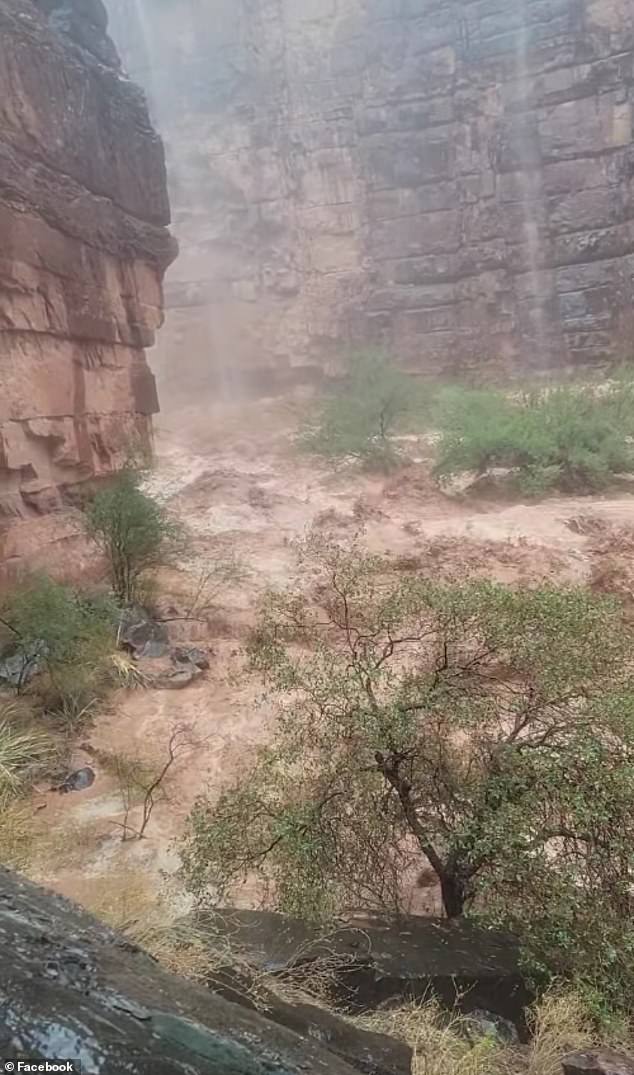 The hiker without a life jacket was swallowed by rising waters at Havasu Creek on Thursday. The floodwaters can be seen here ripping through the area