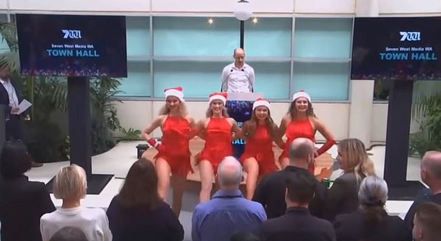 A Seven West Media gathering on Friday featured a performance by scantily clad Christmas dancers (pictured)