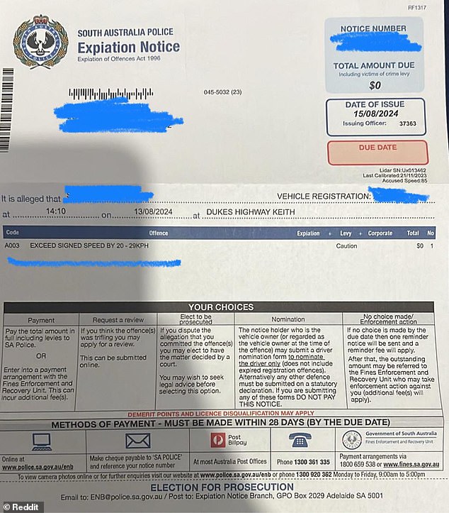 The confused motorist uploaded a photo of a fine notice (see photo) to Reddit after receiving the letter in the mail stating that the violation did not result in a financial penalty