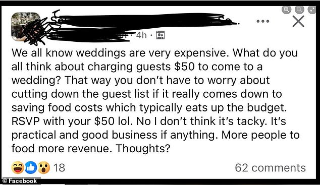 A bride-to-be looking for support for her idea to charge guests for her wedding got an unpleasant surprise when everyone agreed it was 'tasteless' and 'cheap'