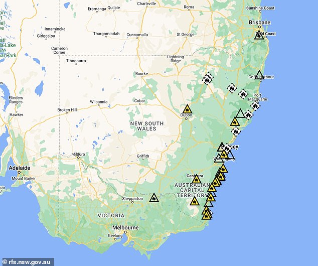 More than a dozen bush and grass fires broke out across the NSW south coast on Wednesday, with the Illawarra and Shoalhaven in the state's south-east particularly hard hit (pictured)