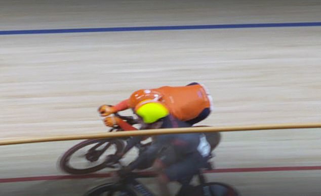 Dutch rider Jan-Willem van Schip (above) tries to make contact with Oliver Wood (below) from Great Britain