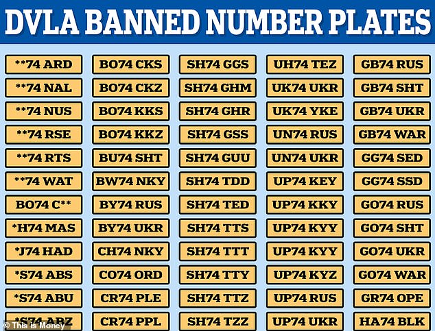 Banned: Just some of the 365 number plates banned by the DVLA this year. Scroll to the bottom of this story to see the FULL list.