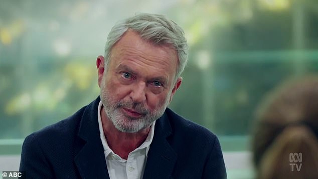 Sam Neill, 76, (pictured), who is currently battling stage three blood cancer, was in tears during a heartbreaking interview when asked a simple question about his parents