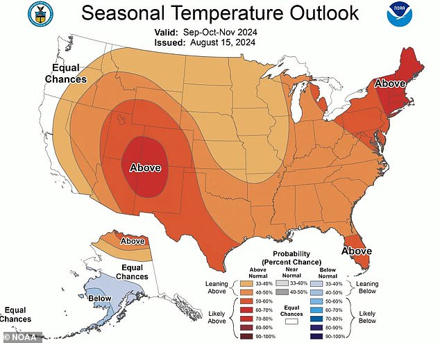 The National Oceanic and Atmospheric Administration (NOAA) has released its seasonal forecast for September through November, showing higher than average temperatures across the country, while regions generally experience cooler weather.