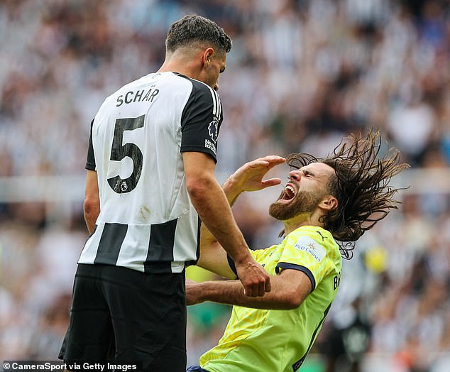 Newcastle United defender Fabian Schar's first game of the season lasted just 28 minutes after he was sent off for a headbutt