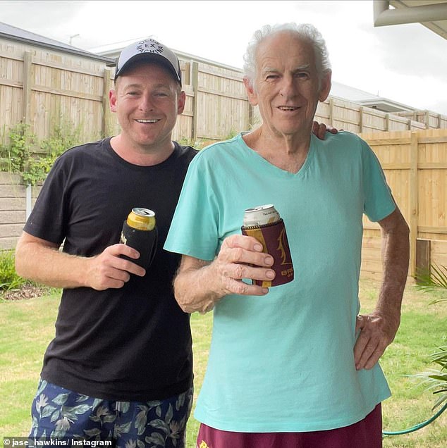 Jase Hawkins, 42, fought back tears on Friday morning as he revealed he is flying to Queensland following a family tragedy. Pictured with his late father Paul