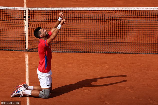 Novak Djokovic collapsed to his knees after winning the men's gold medal match on Sunday