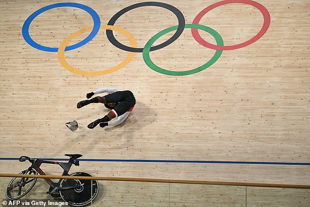 Kwesi Browne fell from his bike after a fall during the men's keirin event in Paris on Saturday