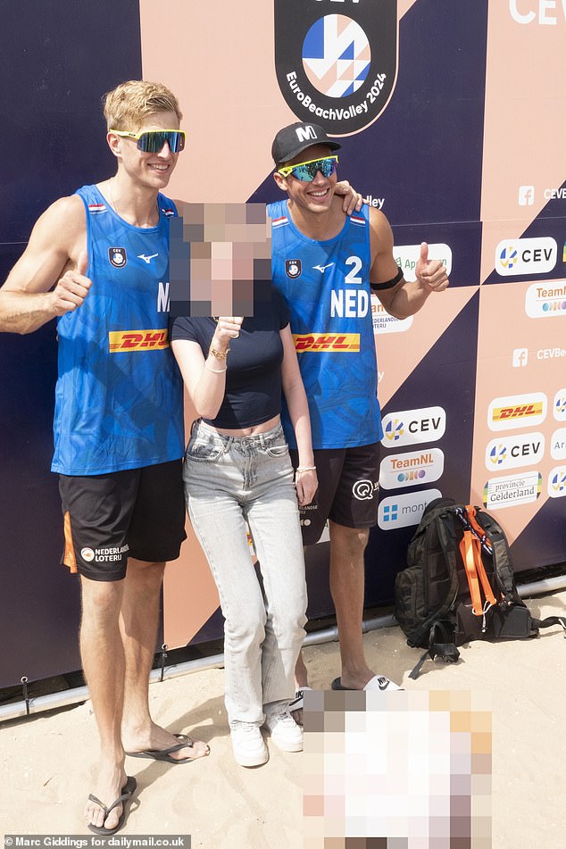 Posing for selfies with young girls, this is child molester volleyball player Steven van de Velde at a volleyball tournament. He is pictured with Olympic athlete Matthew Immers