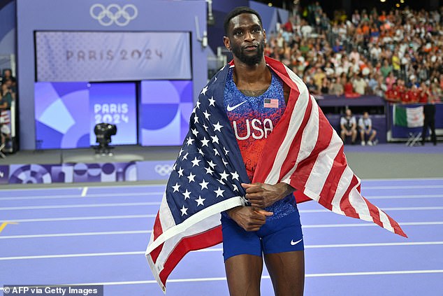 American silver medalist Shelby McEwen celebrates his participation in the men's high jump final