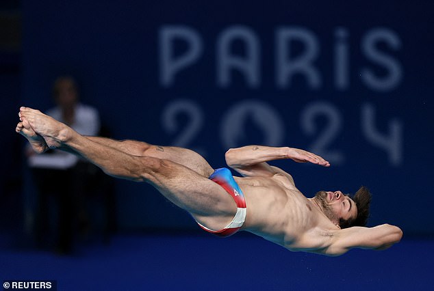 French diver Jules Bouyer in action during the men's 3m springboard final in Paris this afternoon