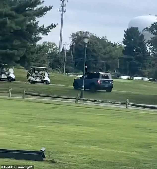 Newly released footage shows the moment a Ford Bronco drives onto a golf course and hits a group of men, injuring one of them