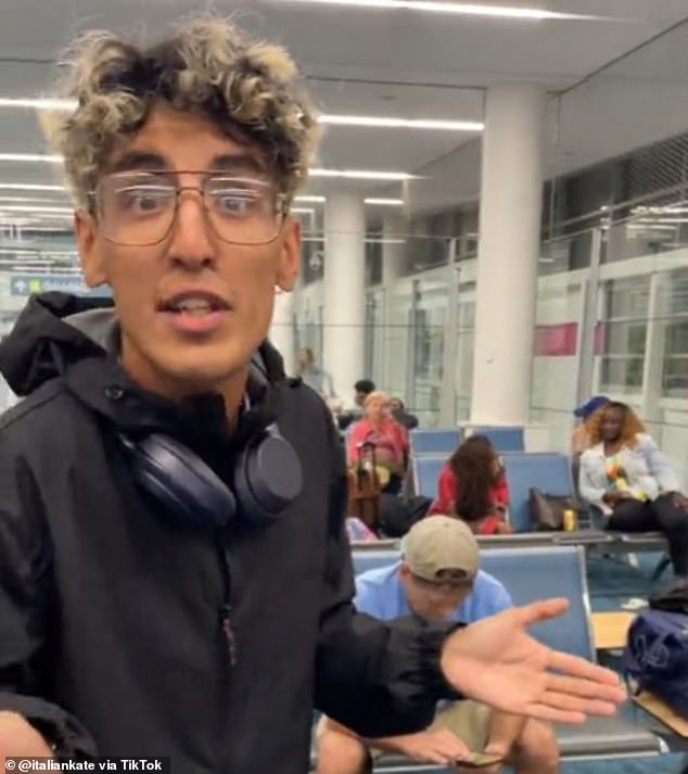 Passengers had been stuck in the airport terminal for seven hours when the TikToker gave his passionate update from the Bahamas at 5:40 a.m.