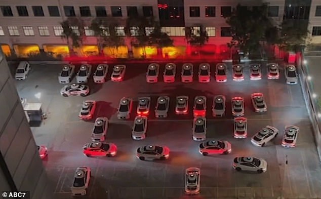 Video shows self-driving cars in a San Francisco neighborhood driving in circles around a parking lot and randomly beeping at each other