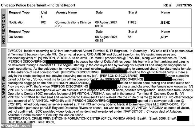 A police report obtained exclusively by DailyMail.com details the airport worker's gruesome discovery, revealing he found her 