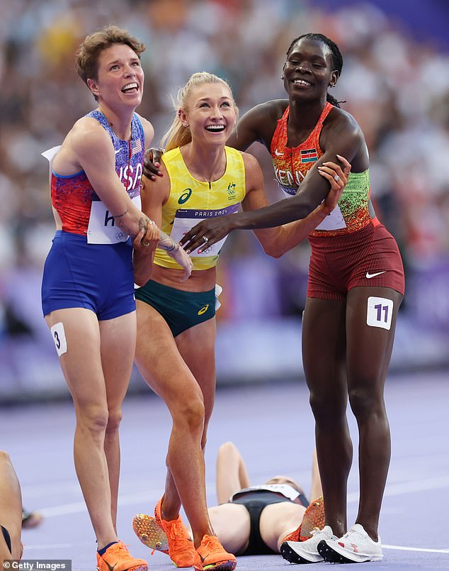 Hull (center, with American Nikki Hiltz, left, and Susan Lokayo Ejore of Kenya) was elated after taking silver in the final 100 meters of the race early Sunday morning, Australian time.