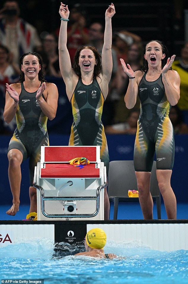 Lani Pallister (right), who had to withdraw from the earlier heats of the 1500m freestyle after testing positive for Covid, didn't even know if she would be fit enough to compete in the relay - she is also the goddaughter of Dawn Fraser