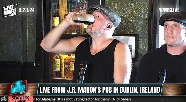 Pat McAfee drinks a pint of Guinness during a raucous live show filmed in Ireland on Friday