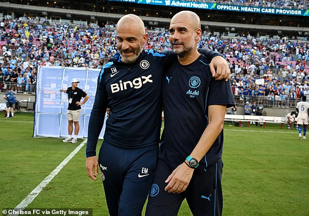 Pep Guardiola (right) defended his former assistant Enzo Maresca (left) after their struggles from the back in pre-season