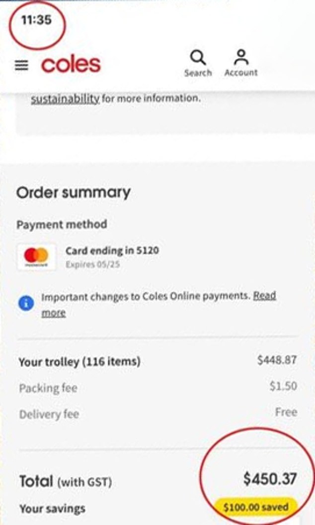 A Perth mother was shocked to find she had been charged $505.37 for her weekly grocery shopping, while Cole's click-and-collect till showed a total of $450.37 at 11.35pm on August 6