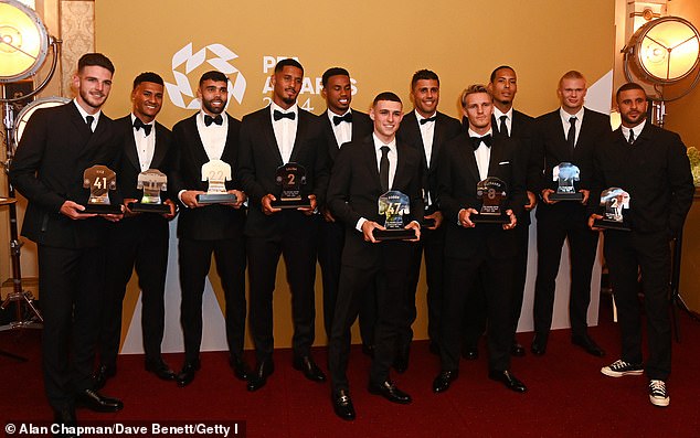 (L-R) Declan Rice, Ollie Watkins, David Raya, William Saliba, Gabriel Magalhaes, Phil Foden, Rodri, Martin Odegaard, Virgil van Dijk, Erling Haaland and Kyle Walker have all made it into the PFA Premier League Team of the Year selection