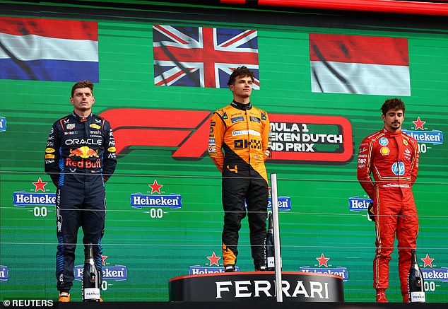 Max Verstappen (left) finished in second place, with Charles Leclerc (right) in third place during today's race