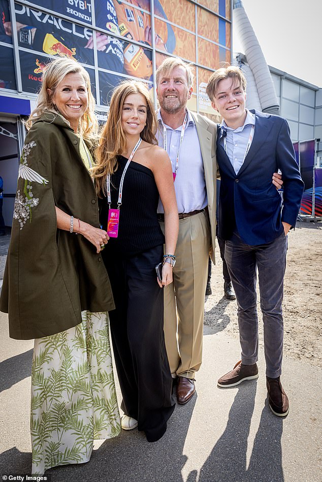 Queen Máxima pictured with her husband King Willem-Alexander, their daughter Princess Alexia and Alexia's cousin Count Claus