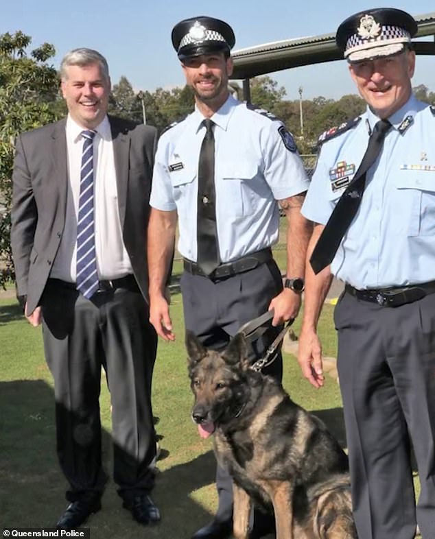 Last month, Kaos was awarded the Canine Service Medal for his distinguished service and courage during seven years in the police force (pictured with his handler and owner Senior Constable Jim Griffiths in the centre)