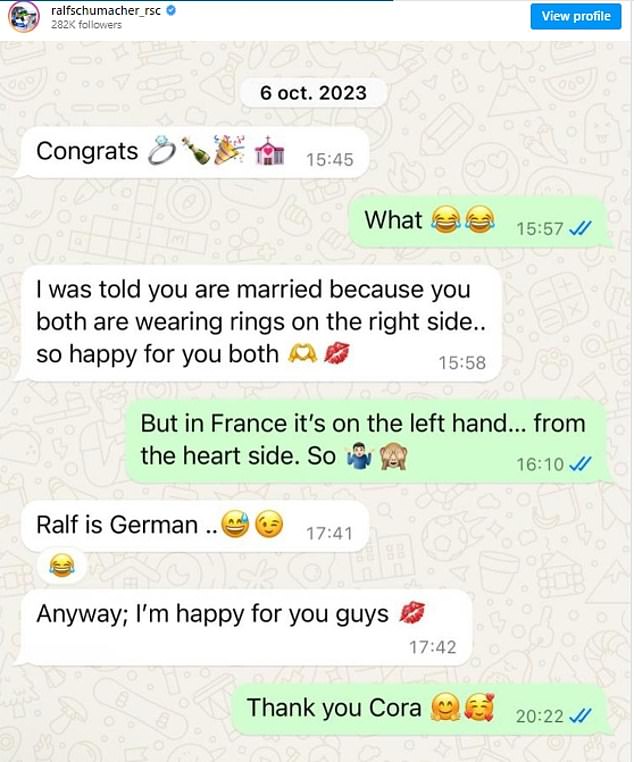 Schumacher published WhatsApp messages in which Cora allegedly congratulated Etienne