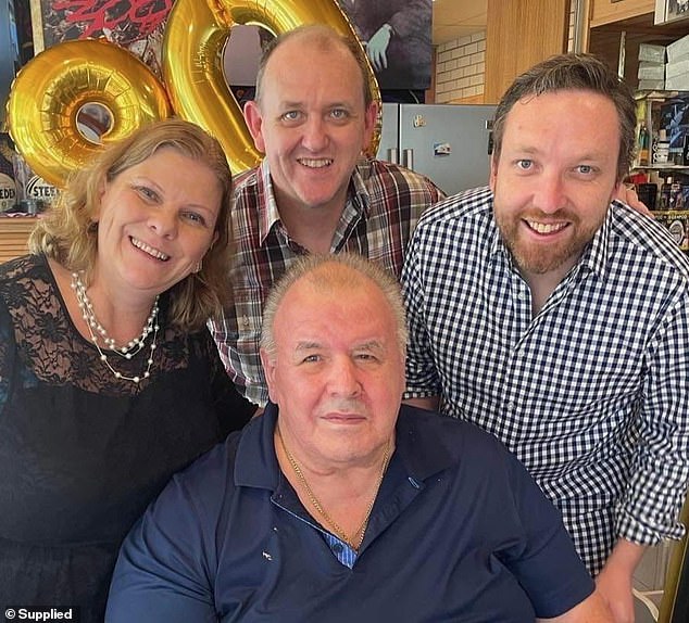 Mr Caralis (front) built the Super Radio Network of 42 stations in NSW and Queensland from scratch. He is pictured on his 80th birthday with (L-R) 2SM News Director Diane Coveny-Garland, former Program Director James Yelland and producer Justin Ross