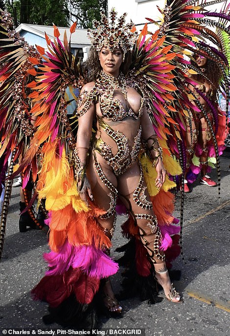 Rihanna looked ready to fly when she unveiled a dazzling winged costume that left little to the imagination during Carnival celebrations in her native Barbados on Monday.