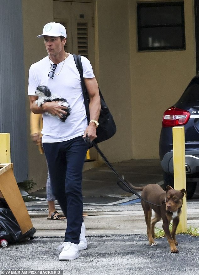 Tom Brady was spotted leaving the gym with the adorable family dog ​​'Fluffy' in his arms and another brown pit bull mix on a leash after finishing a workout