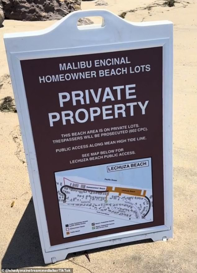 Pictured: The sign on Lechuza's public beach indicating that the strip is 'private property'