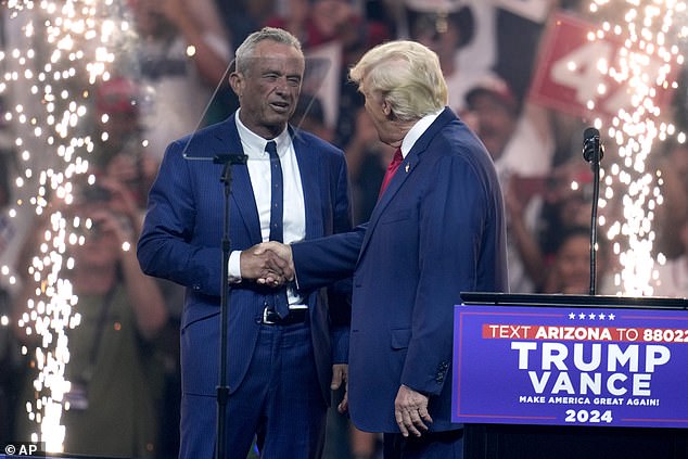 Independent presidential candidate Robert F. Kennedy Jr., left, shakes hands with Republican presidential candidate former President Donald Trump during a campaign rally on Friday, Aug. 23, 2024, in Glendale, Arizona. Earlier in the day, RFK endorsed Trump